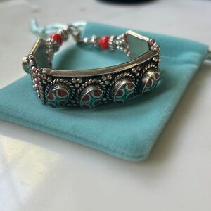 Vintage‎ Tibetan silver bracelet with inlaid turquoise and coral stones